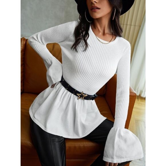 White Ribbed Long Sleeve Peplum Sweater Medium NWOT - Picture 1 of 7